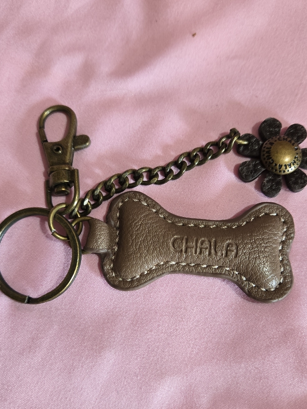 Chala Taupe Brown Bone Keychain Charm with Flower Accent